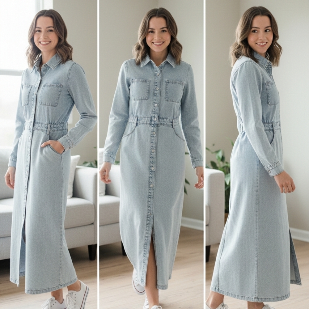 Zara Light Blue Denim Midi Dress